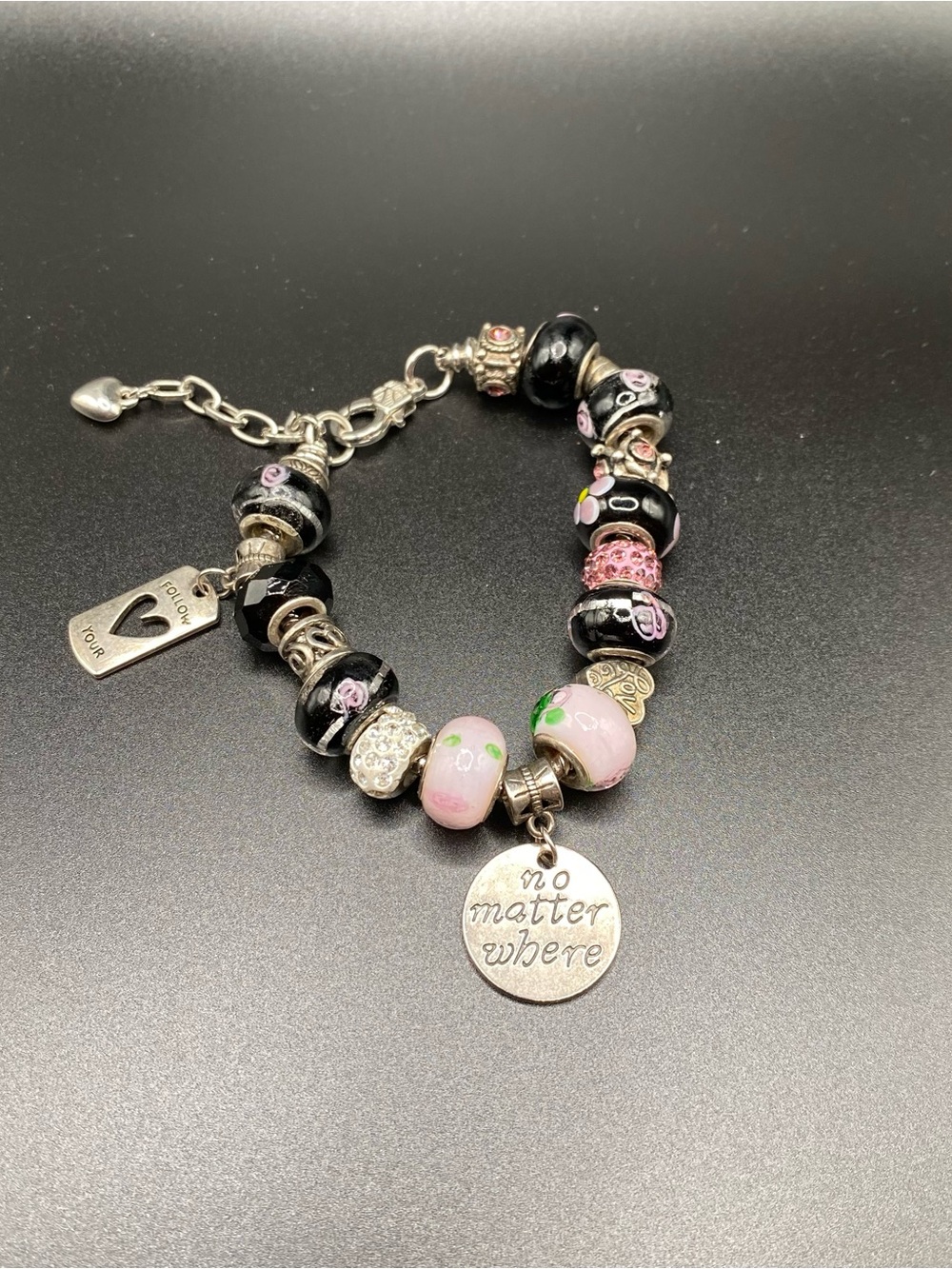Pink and Black Glass Bead Charm Bracelet - 'no matter where' Pendant